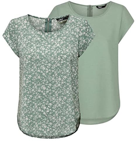 ONLY Tshirt Damen Regular Fit ONLVIC 2er Pack Rundhals Kurzarm Bluse Top Sommer Basic Muster Einfarbig Grün 42, Größe:42, Farbe:Lily Pad (15284243)