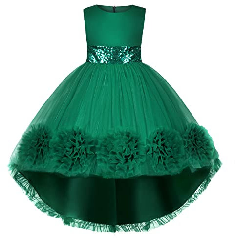 BUNNY LULU Robe pour Filles à épaule inclinée pour Demoiselle d'honneur, Princesse de Mariage, nœud d'anniversaire pour Enfants, soirée de Bal de fête de Boule (Vert 9-10 Ans)