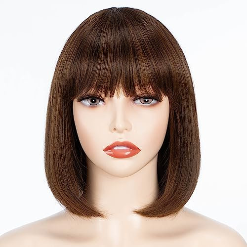 FASHION IDOL Bob Echthaar-Perücke mit Pony für schwarze Frauen kurzes glattes Haar 25CM natürliches schwarzes klebstofffreies maschinell hergestelltes kurzes Bob Perücken