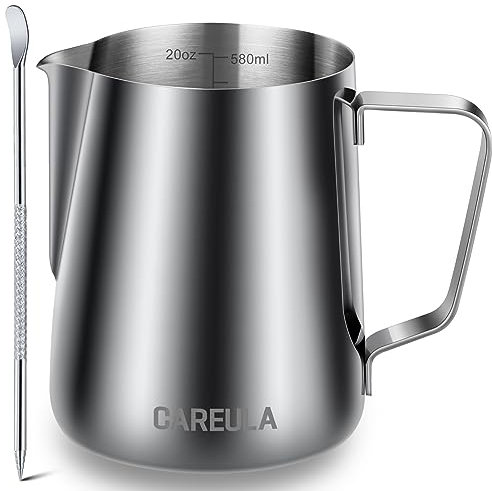 Milk Frothing Pitcher, 20oz Stainless Steel Milk Frother Cup Steaming Pitcher, Coffee Bar Cappuccino Espresso Machine Accessories Barista Tools, Metal Pitcher Milk Jug with Decorating Latte Art Pen