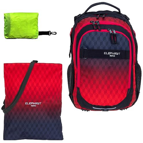 Schulrucksack Jungen Mädchen ab 3. Klasse Schule Tasche Brustgurt Schultasche Rucksack mit Sportbeutel Attach Bag und Regenhülle Premium 3 Teile Set Auswahl rtp (Red Cube 12868)