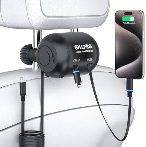 OHLPRO 2 en 1 universal asiento trasero coche estación de carga caja, 27 W carga rápida retráctil cargador de coche para iPhone/Samsung y tabletas, reposacabezas cargador de teléfono para clientes