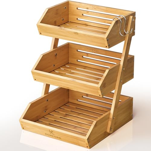 KOMFORA Bamboo 3 Tier Fruit Basket, Produce Basket for Kitchen Counter