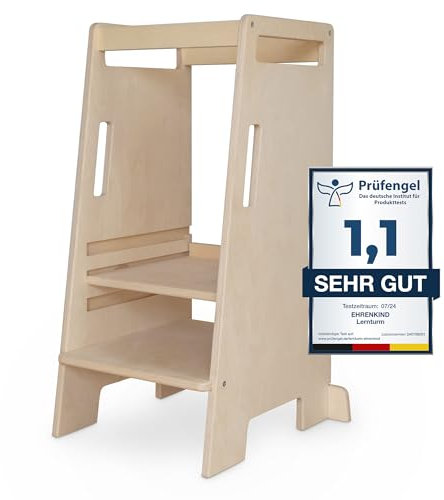 Ehrenkind® Lernturm ab 1 Jahr Montessori höhenverstellbar | bis zu 60 KG belastbar | Natur-Holz Lernstuhl Nachhaltig | Learning Tower Kinderhocker Kinderturm Natur