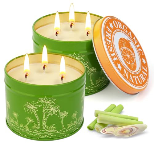 Citronella Kerze Outdoor Groß, 2 x 13OZ 3 Dochte Outdoor Kerze mit citronella öl natürliche Sojawachs, 150 Std Brenndauer, Citronella Kerzen Set für Garten Picknick Party Camping Outdoor Grill