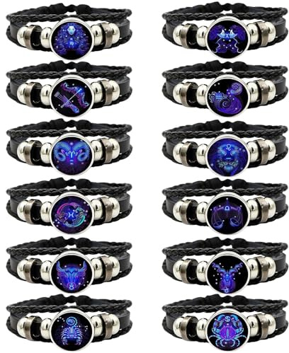 Djowyh Zodia-c Zodia-c Guardian Bracelet, Multilayer Zodia-c Leather Bracelet, Twelve Constellations Bracelet, Handmade Woven Zodi-ac Sign Wrap Bracelet, Leather Wrap Bracelets