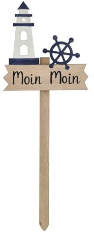 Generic Blumenstecker Maritim - Moin Moin - Leuchtturm Steuerrad Holz Höhe 30cm Schild