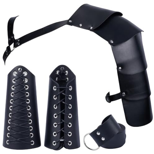 GORGECRAFT 4Stk Mittelalter Kostüm Zubehör Herren Verstellbarer Schnallenriemen Einzel-Schulter Lederrüstung PU Schwarze Leder Armschützer Krawattenknoten Gürtel Set Halloween Ritter Cosplay Outfit