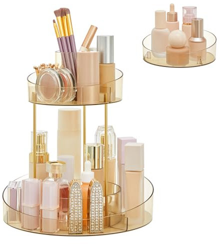 SONGMICS Make-up Organizer drehbar, mit extra Tablett Oben, Kosmetik-Organizer rund 2 Ebenen, Schmink-Aufbewahrung, geräumig, für Schminktisch, Schlafzimmer, Küche, champagnergold JKA027A01