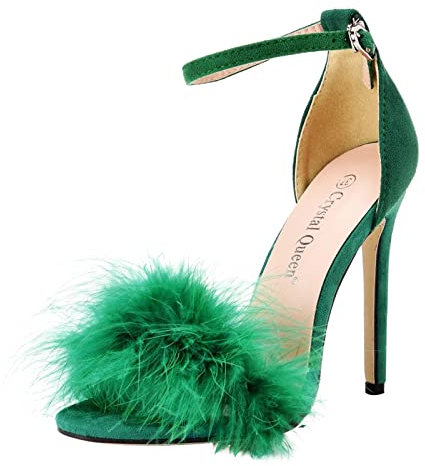 Sandali da donna con tacco alto e cinturino in piuma, sexy, con fibbia, stivali alti fino alla coscia, tacco grosso, Verde, 37.5 EU