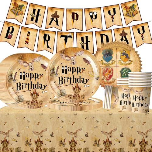 62 Pcs Magic Birthday Party Tableware Set, Kids Birthday Party Decorations, Hary Pot Tableware Includes Paper Plates, Napkins, Paper Cups, Tablecloth, Pull Flags (20 Guests)