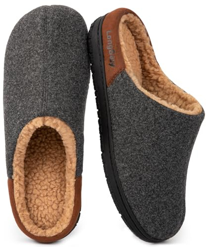 LongBay Herren Warme Winter Hausschuhe mit Memory Foam und Sherpa Futter | Weiches Sherpa Futter, Rutschfeste Gummisohle, Slip on, Warm für Winter, Ideal für Wohnzimmer und Hof, Geschenk