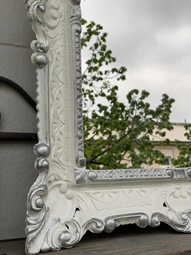 Pintici Bilderrahmen mit SCHUTZGLAS Barock Hängerahmen Barockrahmen 57 x 47 cm Shabby,Jugendstil Antik Spiegelrahmen (Weiß-Silber)