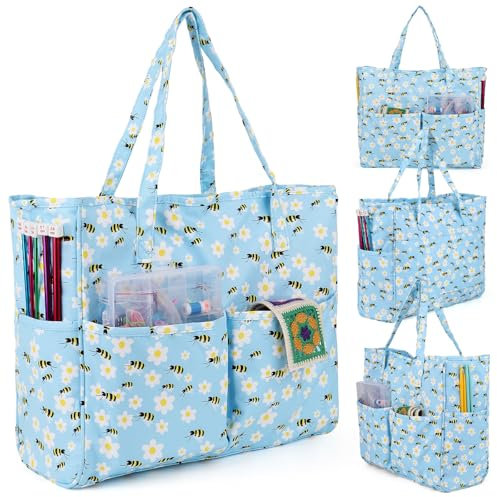 Aeeque Große Handarbeitstasche, Tragbare Stricktasche Garn Organizer, Basteltasche zum Aufbewahrung Häkelzubehör Häkelnadeln und Strickenadeln, Häkelprojekte Aufbewahrungstasche, Blaue Bienen
