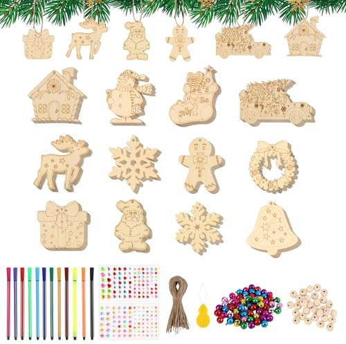 Holzanhänger Weihnachten 210 Stück DIY weihnachtsanhänger Holz zum Bemalen Christbaumschmuck Weihnachtsbaum Deko Mit Juteschnur Glocke Bunte Stifte Diamantaufkleber Holzperlen Einfädler