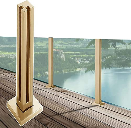 ASerZenith Glasgeländerpfosten für Terrassen, Gartenzaun, Balustradenpfosten, quadratisches Glasgeländerpfostensystem, Gold, Metall-Glas-Balustradenklemme/Glasschutz, Eckpfosten-95 cm/37,4