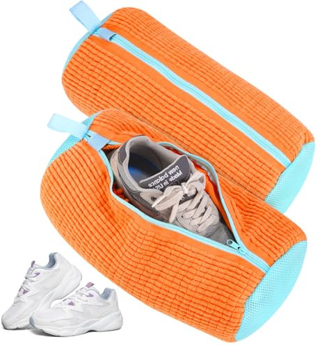 Bixury Bolsa Lavadora Zapatillas 2 Piezas, Bolsa para Lavar Zapatillas en Lavadora, Bolsas para Lavar Zapatos Protege los Zapatos e los Daños, con Pelusa de Limpieza a 360° (Naranja)