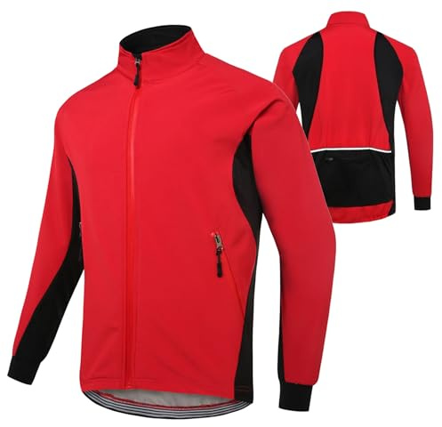 CLMETHE Radsportjacke Herren Fahrradtrikot Winter Fleece Softshell Fahrradmantel Vollreißverschluss Winddichte Kleidung Wandern Laufen Oberbekleidung,Red-2XL