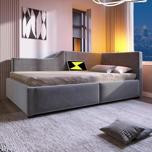 MSMOK Polsterbett Tagesbett Daybett Schlafsofa mit hydraulischem Stauraum, Leselichtfunktion und USB-C-Ladefunktion, Kinderbett Jugendbett Bettgestell mit Lattenrost aus Holz, Samt (Grau, 90X200CM)