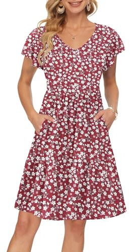AUSELILY Women Summer Dress Ruffle Petal V-Neck Sundress Short Sleeve Casual Dress with Pockets Red Flowers M