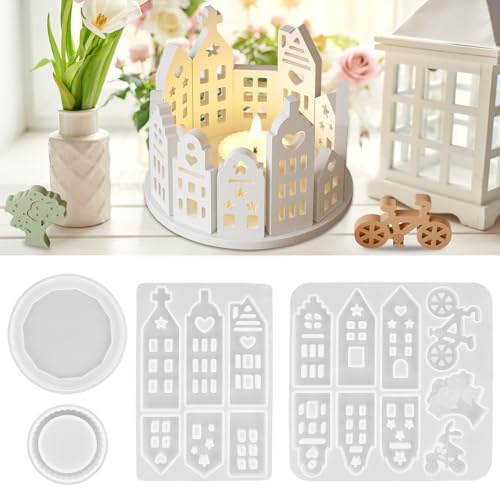 Silikonformen Gießformen Häuser, Silikonform Kerzenhalter Tablett, Silikonform Ostern, Frühling Osternhase Gipsformen zum Gießen, Silikon Gießform Haus Giessformen Silikon Handwerk