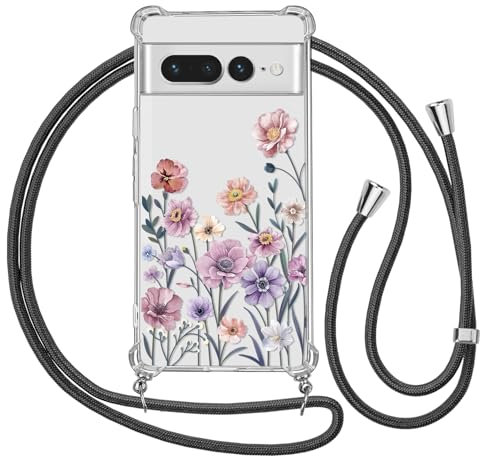 Ciciber Ttusy Chaîne de téléphone portable - Coque souple antichoc avec cordon pour Google Pixel 7 Pro 04 avec cordon de serrage - Motif floral transparent - Avec cordon de serrage - Collier
