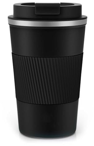 SHENGRUI Travel Mugs, Insulated Cup with Leakproof Lid, Reusable Travel Mug, Car Cup, Stainless Steel Mug for Hot and Cold Coffee, Water and Tea (Black,380ml)
