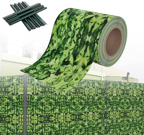 HENGMEI PVC Sichtschutzstreifen Sichtschutz Sichtschutzfolie Doppelstabmatten Zaun 70m x 19 cm mit 20 Stücke Befestigungsclipse Gartenzaun Windschutz für Zaun, Kleine-Buchsbaum
