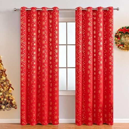 Cabilock Weihnachtsvorhang Verdunkelungsvorhang mit Schneeflocken-Muster Isolierend für Schlafzimmer und Wohnzimmer Breit und Lang Waschbar und Einfach zu Montieren