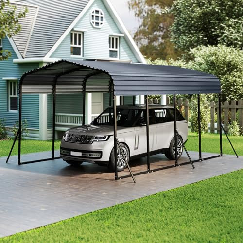 GOPLUS Grand Abri de Voiture en Métal, 440 x 300 x 250 cm, Toit Rigide, 4 Pieds Inclinés et Ancrages Extérieurs, Tente Carpot pour Voiture pour Camions, Tracteurs, SUV