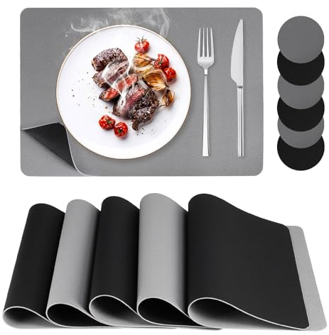 6er-Set Tischsets Abwaschbar und hitzebeständig, Beidseitig | PVC-platzsets mit Untersetzern & Rutschfes(schwarz/grau)