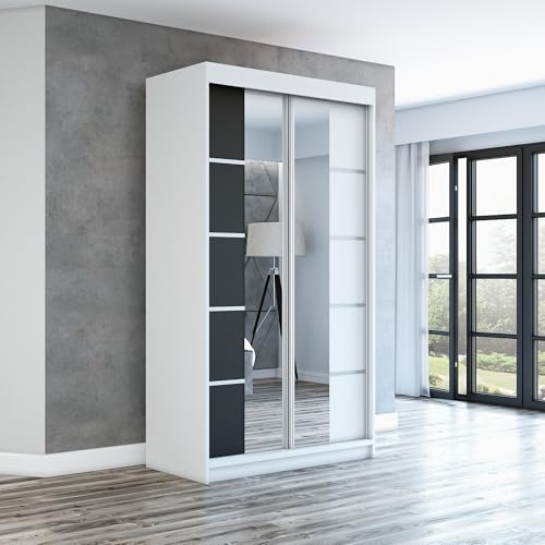 A&J MöbelLand Schwebetürenschrank ERA Kleiderschrank 2-türig mit Spiegel, Garderobe 120 cm (Weiß/Schwarz/Weiß)