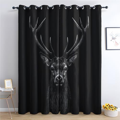 Luxfieo Hirsch Vorhänge 3D Wilde Tiere Elch Jagd Vorhang Blickdicht Gardinen 166 cm Hoch Verdunklungsvorhänge mit Ösen Thermovorhang für Wohnzimmer Schlafzimmer Kinderzimmer Fenster Deko 2er Set