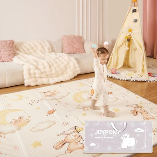 Joypony Krabbelmatte Baby Faltbar, 150 x 180 x 1cm Spielmatte Kinder | Rutschfest & Wasserdicht | Doppelseitige Krabbeldecke mit Tragetasche & vernähten Kanten | Baby Play Mat - Kaninchen