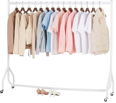 Extra Heavy Duty Clothes Rail 150kg Capacity 6ft L x 5ft H Metal Garment Rack, Lockable Wheels Portable, No Tool Assembly, Powder Coated Black, Strong & Durable for Home or Shop (White)