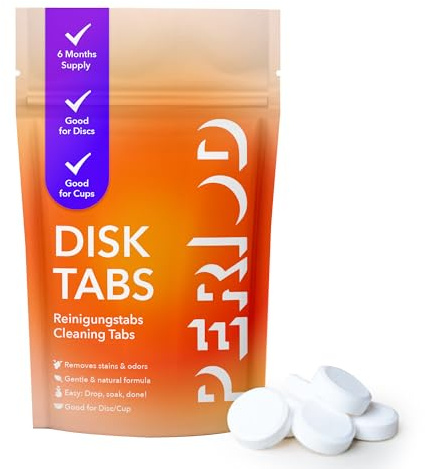 PERIOD Disk Tabs – Natürliche Reinigung für Menstruationstassen & Menstruationsscheiben – Entfernt hartnäckige Flecken & Gerüche ohne Beschädigung von Scheiben & Tassen – 6-Monats-Vorrat