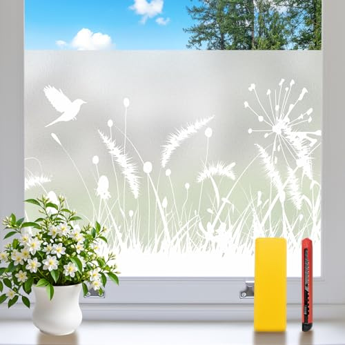 Niviy Fensterfolie Blickdicht Milchglasfolie 75x200cm | Sichtschutzfolie Fenster Statische Haftung, Anti-UV Wiederverwendbar, Botanisches Muster für Badezimmer Küche