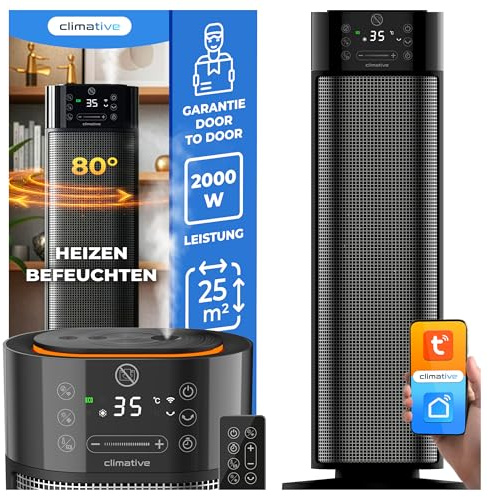 Climative Keramik Heizlüfter mit Befeuchter 2000W Mistiq WiFi 80° Oszillation ECO Modus Timer 24h Elektroheizung Energiesparend Heizung Elektrisch Heizstrahler Indoor, PTC Heizgerät Electric Heater