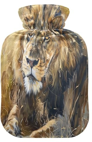 Retro Löwe Wärmflasche mit Fleece-Bezug, PVC-Wärmbeutel, 1 Liter