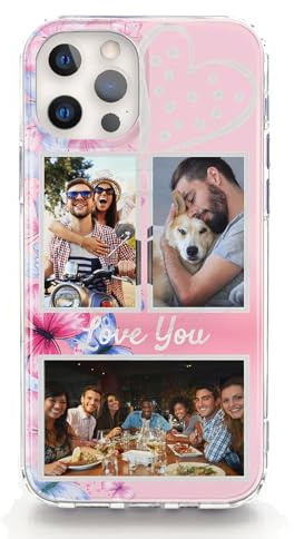 Personalised Phone Case For Apple iPhones, 17, 16, 15, 14, Pro, Max, Mini, Plus 13, 12, 11, X, XS, XR, SE Pink Butterfly Heart Phone Hard Cover with Three Images and Name