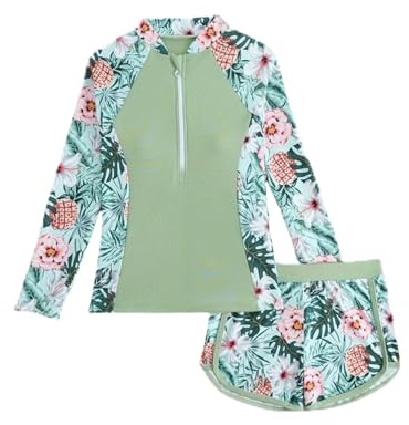 Mädchen Badeanzug Zweiteiler Set Kinder Langarm UV Schwimmshirt mit Badehose für 7-13 Jahre Badebekleidung Badeshirt Shorts Teenager Shirt Schwimmanzug Bikini UPF 50+ Pool Strand Sommer Bademode