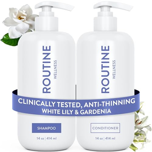 Routine Wellness Shampoo & Conditioner Set - White Lily & Gardenia | Clinically tested shampoo for thinning hair with biotin, pea peptides, saw palmetto oil, color safe, sulfate free