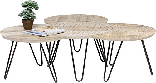 Kare Design Couchtisch Puro, runder, massiver Beistelltisch mit schwarzem Metallgestell 4er Set, Beige, 40x156x156cm (H/B/T)