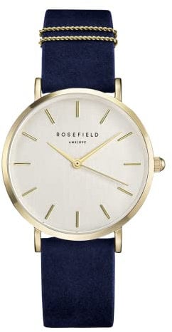 Rosefield Damenuhr The West Village Gold 33 mm Rundes Gehäuse mit Weißem Zifferblatt und blauem Band - WBUG-W70