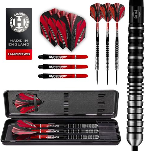 Harrows Predator 90% Wolfram-Dartpfeile in Schwarz und Silber | Darts-Set mit Stahlspitze | 21g, 22g, 23g, 24g, 25g & 26g | Enthält Supergrip Fusion Shafts und 100 Micron Predator Flights (25g)