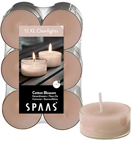 Spaas Scented Tealights in Transparent Clear Cup, ± 8 Hours 12 Maxi Duftenden Clearlights, Teelichter mit durchsichtigem Halter, ± 8 Stunden-Cotton Blossom, Paraffinwachs, Beige, D 56 mm x H 21 mm