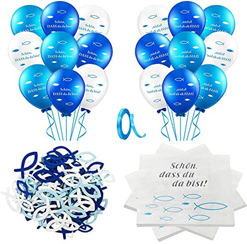 KOHMUI 32 Servietten 'Schön, DASS du da bist!', 60 Stücke Holz Fische Deko, 18 Luftballons, Blau Weiß Fisch Dekoration Tischdeko für Taufe, Kommunion Konfirmation oder andere Festliche Anlässe