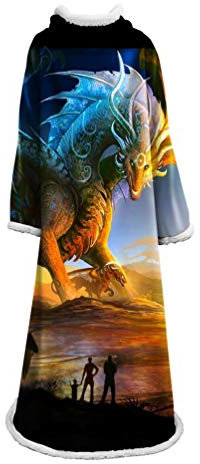 Sticker superb Karikatur Tier Einhorn Drachen Dinosaurier Tragbar Vlies Decke mit Ärmeln zum Erwachsene Frauen Männer, Sanft Fernseher Decke Kuscheldecken zum Salon Couch (Golden Drachen, 127x178cm)