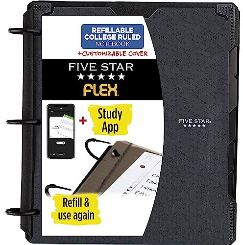 Five Star Flex nachfüllbares Notizbuch + Study App, College liniertes Papier, 2,5 cm TechLock Ringe, Taschen, Tabs und Trennwände, 200 Blatt Kapazität, anpassbarer Einband, Schwarz (29326AA2)