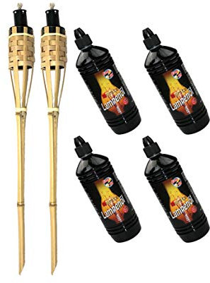 Moritz 2X Bambusfackeln Fackel Deluxe 60 cm Standard Natur + 4X 1000ml Lampenöl Gartenfackel Ölfackeln Garten Deko Öllampe Wegleuchte